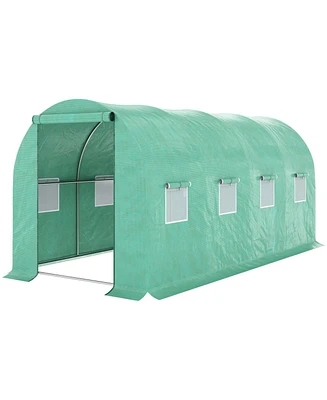 15' x 7' x 6.5' Walk-in Tunnel Hoop Greenhouse, Green House with Polyethylene Pe Cover, Steel Frame, Roll-Up Zipper Door & Windows for Flowers, Vegeta