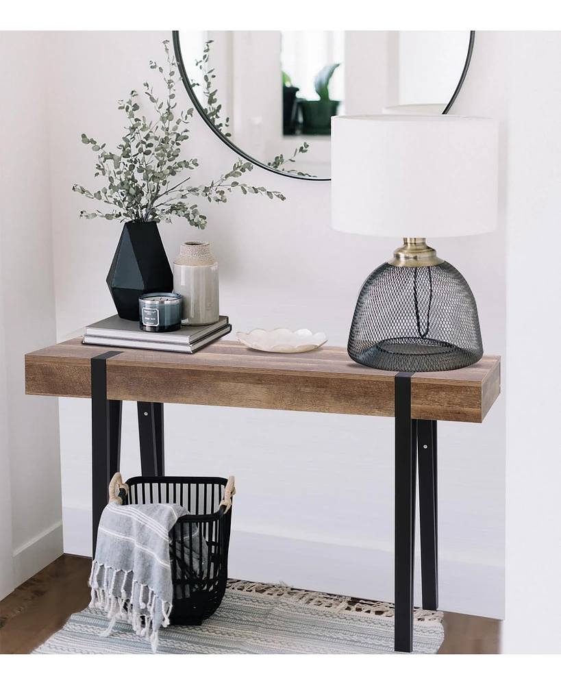 LuxenHome Oak Finish Mdf Wood Black Metal Console Entry Table