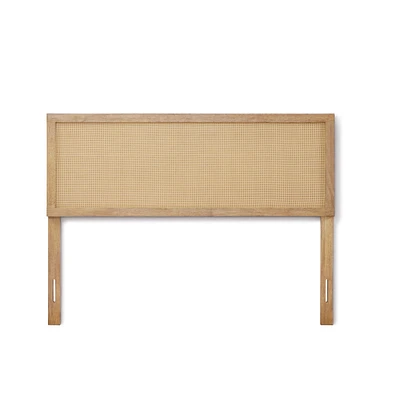LuxenHome Natural Finish Rubberwood with Rattan Panel Headboard, Queen