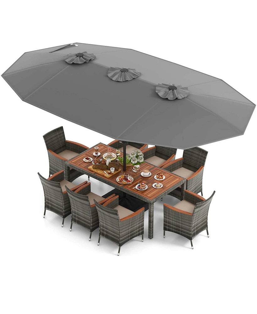 Costway 10 Pieces Patio Wicker Dining Set with Double-Sided Umbrella 8 Armchairs