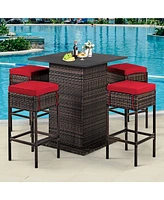 5 Pieces Patio Rattan Bar Furniture Set with Cushions and Hidden Storage Shelf