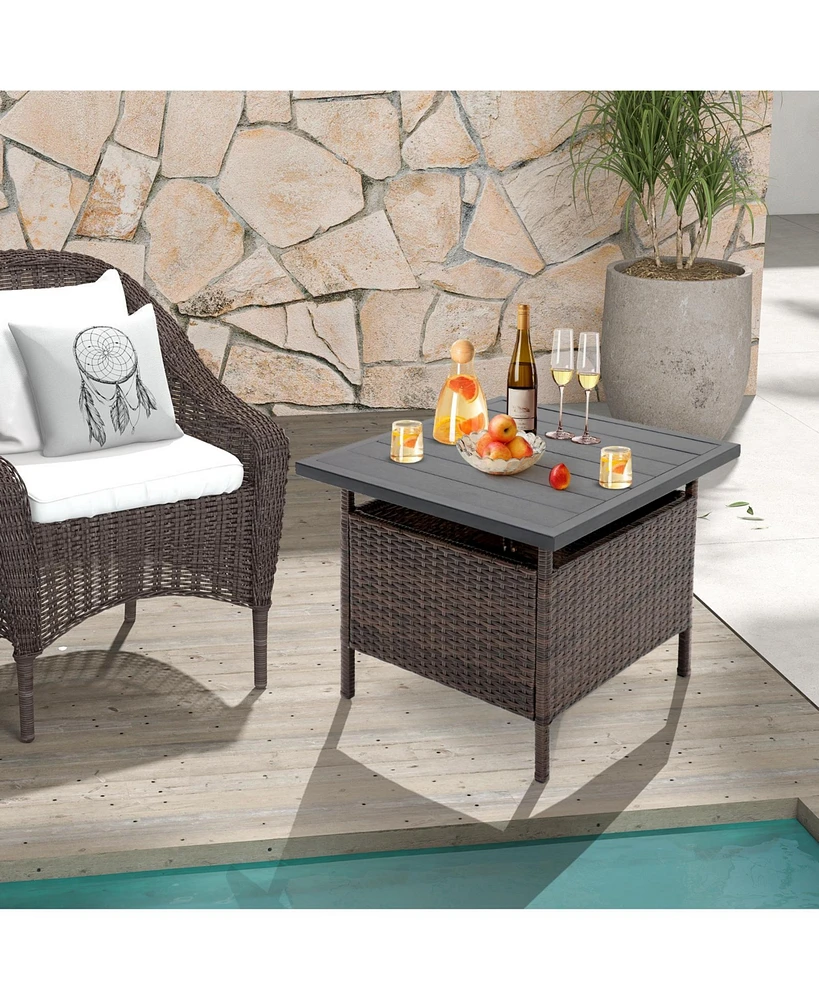 Inolait Patio Square Wicker Side Table with Umbrella Hole for Yard Garden Poolside