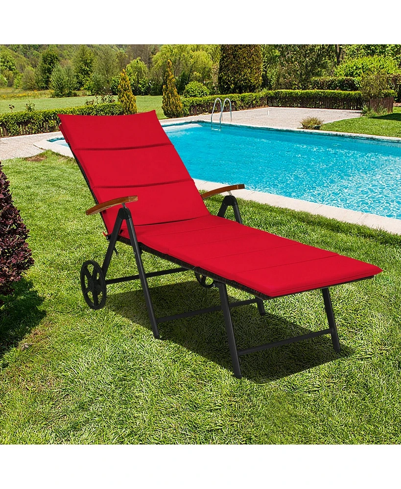 Folding Patio Rattan Lounge Chair with Wheels