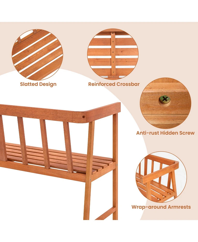 Sugift 2-Person Patio Acacia Wood Bench with Backrest and Armrests