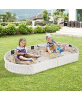 6F Wooden Sandbox with Built-in Corner Seat, Cover, Bottom Liner for Outdoor Play