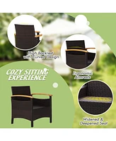 3PCS Patio Rattan Furniture Set Wooden Armrest Table Top Cushioned