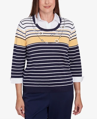Alfred Dunner Women's Block Island Striped Two in One Collared Sweater with Necklace