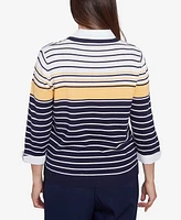 Alfred Dunner Women's Block Island Striped Two in One Collared Sweater with Necklace