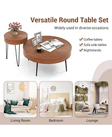 Farmhouse Round CoffeeTable Set of 2 End Table Natural Finish for Living Room