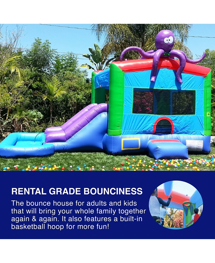 HeroKiddo Octopus Commercial Grade Bounce House Water Slide with Splash Pool for Kids and Adults (with Blower), Wet Dry Combo, Basketball Hoop, Outdoo