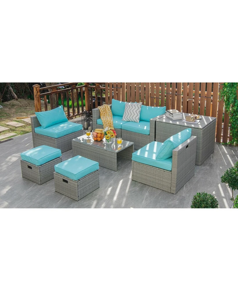 Sugift 8 Pieces Patio Rattan Furniture Set with Storage Waterproof Cover and Cushion-Turquoise