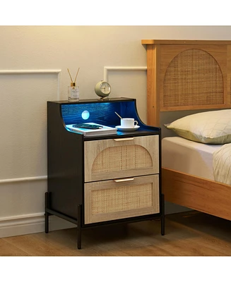 Rattan Nightstand with Charging Station and Led Lights, Bedside Table with 2 Storage Rattan Drawer, Storage End Table, Black