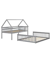 Sugift Twin Over Full House Bunk Bed with Ladder and Guardrails-Gray