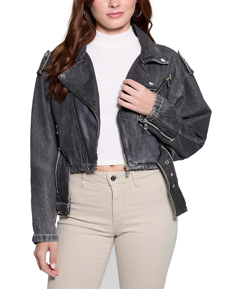 Guess Women's Cropped Belted-Hem Denim Moto Sandy Jacket