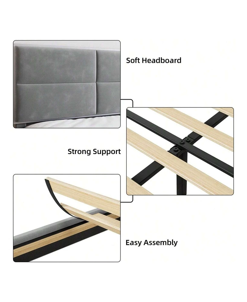 gaomon Full/Queen/King Bed Frame Upholstered Platform, Bed Frame With Square Velvet Headboard, Wooden Slats Support, Non-Slip And Noise-Free