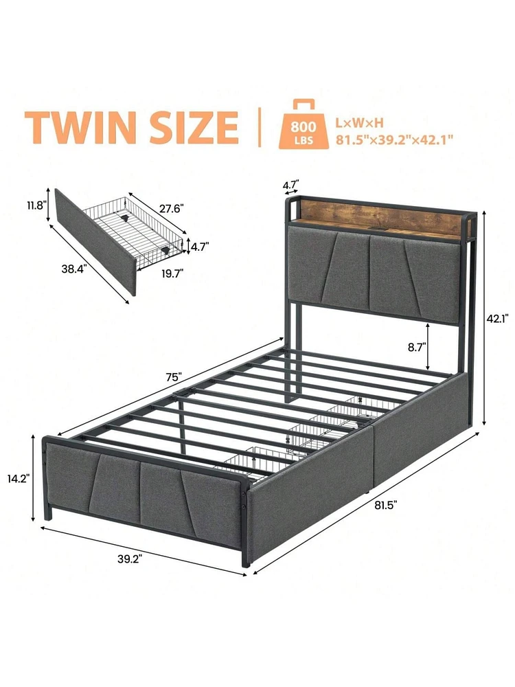 gaomon Twin/Full/Queen/King Size Bed Frame With 2 Storage Drawers And Charging Station, Rustic Linen Upholstered Platform Bedframe With Storage Headbo