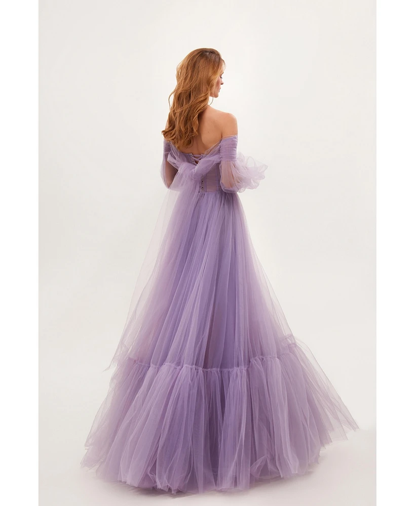 Milla Women's Sheer Sleeves Maxi Tulle Dress