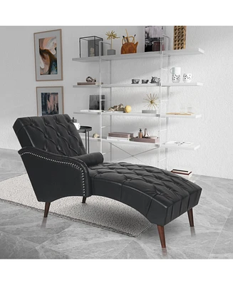 Chaise Lounge Arm Chair Indoor with Pillow and Solid Wood Legs, Leisure Accent Soft Chair with Tufted Back and Arm, Upholstered Chaise Couch Chair for