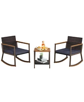 Sugift 3 Pieces Rattan Rocking Bistro Set with Coffee Table and Cushions