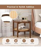 Gymax 2 Pcs 2-Tier Round Side End Table Pe Rattan Nightstand Tempered Glass Tabletop