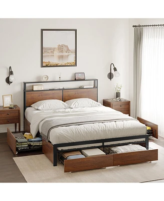 Hausource Queen Size Bed Frame with Storage Headboard & Charging Station & 4 Drawers Platform Bed
