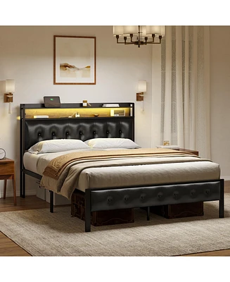 Hausource King/Twin Size Bed Frame with Storage Headboard & Charging Station Upholstered Platform Bed