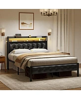 Hausource King/Twin Size Bed Frame with Storage Headboard & Charging Station Upholstered Platform Bed