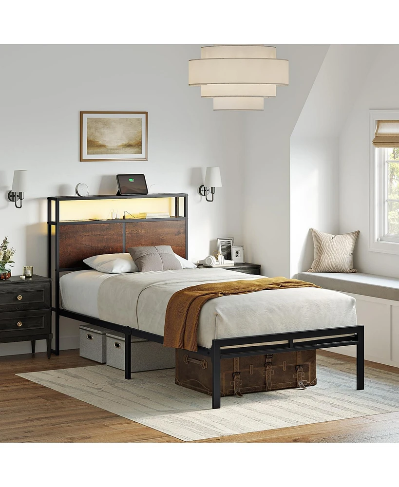 Hausource King/Twin Size Bed Frame with Storage Headboard & Charging Station No Box Spring Needed