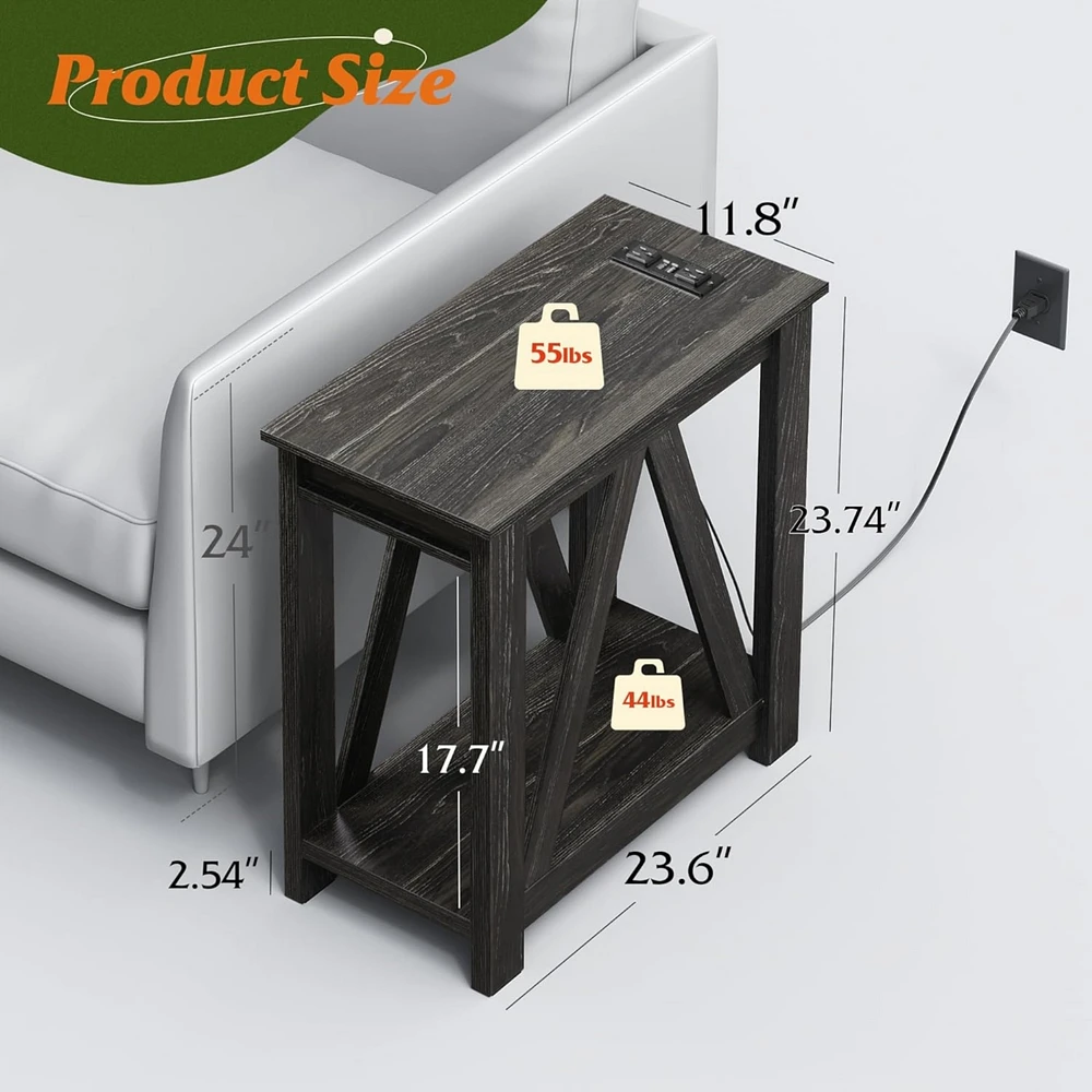 Wlive Narrow End Table with Charging Station of Open Storage Shelf，Sofa Side Table with 2 Usb Ports and 2 Power Outlets，Slim Farmhouse E