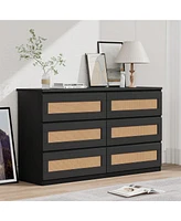 Rattan Dresser For Bedroom, 6 Drawer Dresser For Bedroom, Modern Wide Chest Of Drawers With Anti-Tip Kit