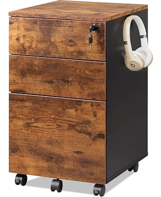 3-Drawer Rolling File Cabinet with Lock, Wood Under Desk Filing Cabinet for Home Office, Fits Letter/Legal/A4 Size, Rustic Brown