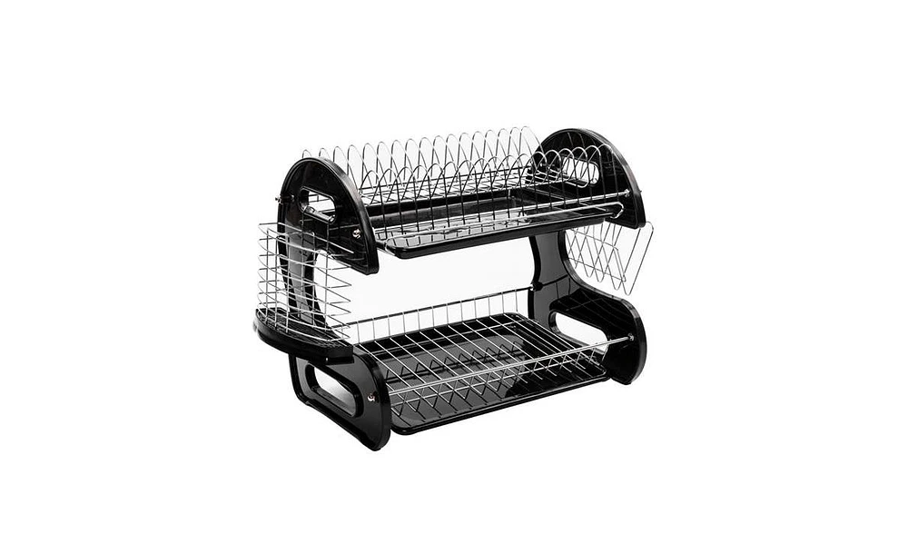 2-Tier Dish Drying Rack – Dual-Layer Dish, Bowl, and Utensil Organizer with Drain Tray, Black Steel