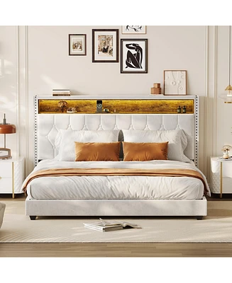 gaomon Queen Velvet Upholstered Bed Frame with Storage Headboard and Built-in Charging Station