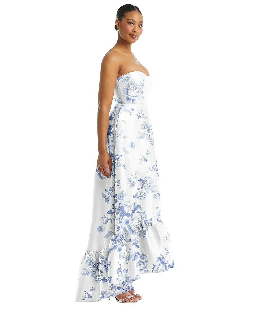 Alfred Sung Plus Strapless Floral High-Low Ruffle Hem Maxi Dress with Pockets