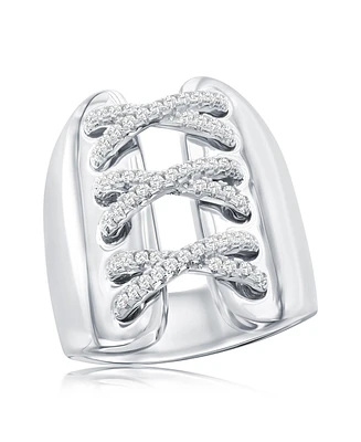 Suzy Levian Sterling Silver White Cubic Zirconia Wide Triple Cross Over Ring