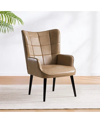 Pu Leather Accent Chair, Upholstered Living Room Chair with Soild Wood Leg, Reading Armchair for Living Room Bedroom Home Office