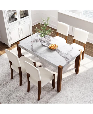 5-Piece Modern Dining Furniture Set, 4-Person Space-Saving Dinette for Kitchen, 46" Faux Marble Style Table and 4 Upholstered Chairs with Solid R