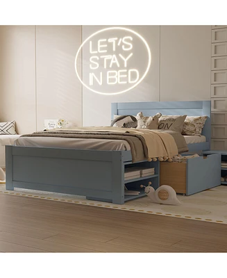 Full Size Platform Bed With Drawer And Two Shelves, Gray