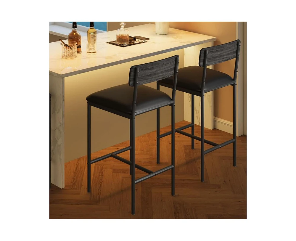 Bar Stools Set of 2, Kitchen Bar Stools with Footrest, 25.5 Inches Upholstered Bar Chairs with Back, 2 Counter Height Barstools for Counter Bar