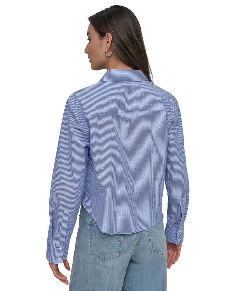 Dkny Jeans Women's Striped Poplin Studded Rhinestone Cotton Long-Sleeve Button-Front Shirt - WYS