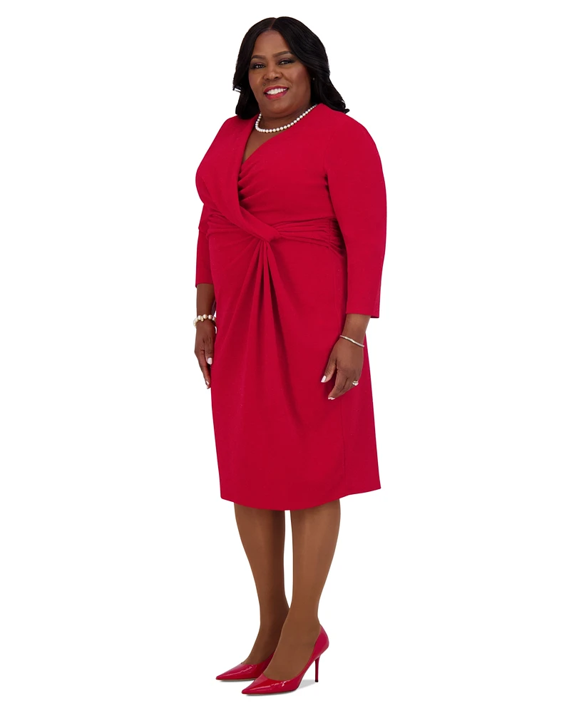 Kasper Women's Twist-Front 3/4-Sleeve Glitter Sheath Dress