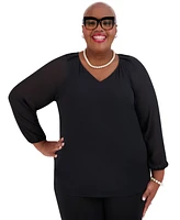 Kasper Women's V-Neck Raglan-Long-Sleeve Blouse Regular & Plus
