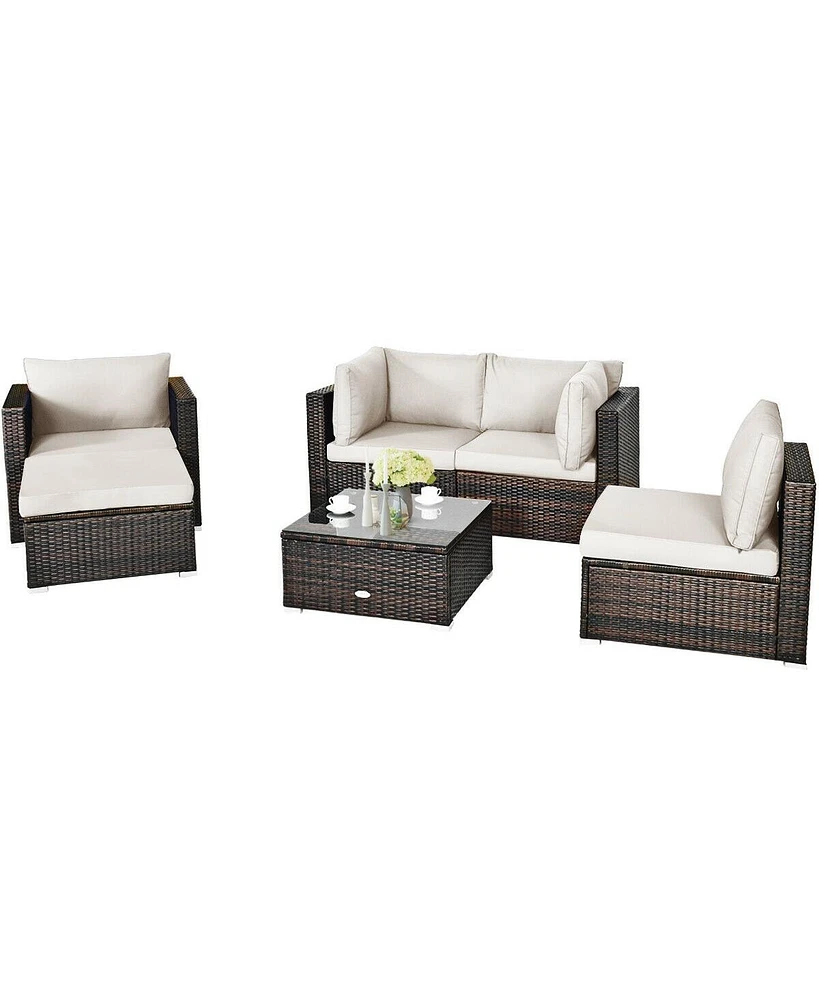6 Pieces Patio Rattan Furniture Set with Sectional Cushion and Ottomans