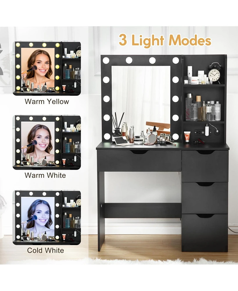 gaomon Makeup Vanity with Lights & Power Outlet, Vanity Table with 4 Drawer