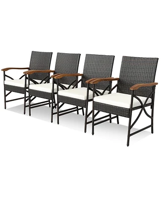 Gymax Set of 4 Pe Wicker Dining Chairs w/ White Soft Zippered Cushions Armchairs Patio