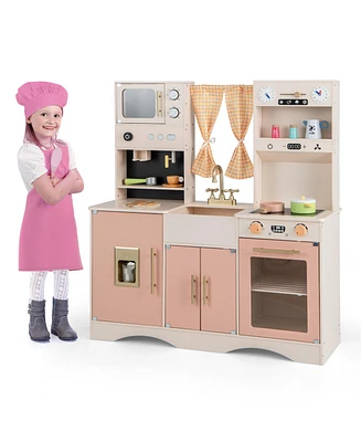 Gymax Kids Play Kitchen Pretend Playset w/ 2 Curtains & 16 Pcs Play Accessories Pink