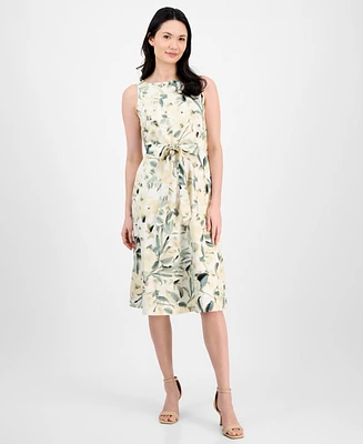 Anne Klein Women's Linen Blend Floral-Print Tie-Waist Sleeveless Dress