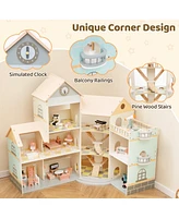 Gymax Wooden Corner Dollhouse Playset w/ 41 Pieces of Furniture and Accessories