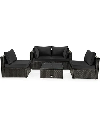 5 Pieces Cushioned Patio Rattan Furniture Set with Glass Table