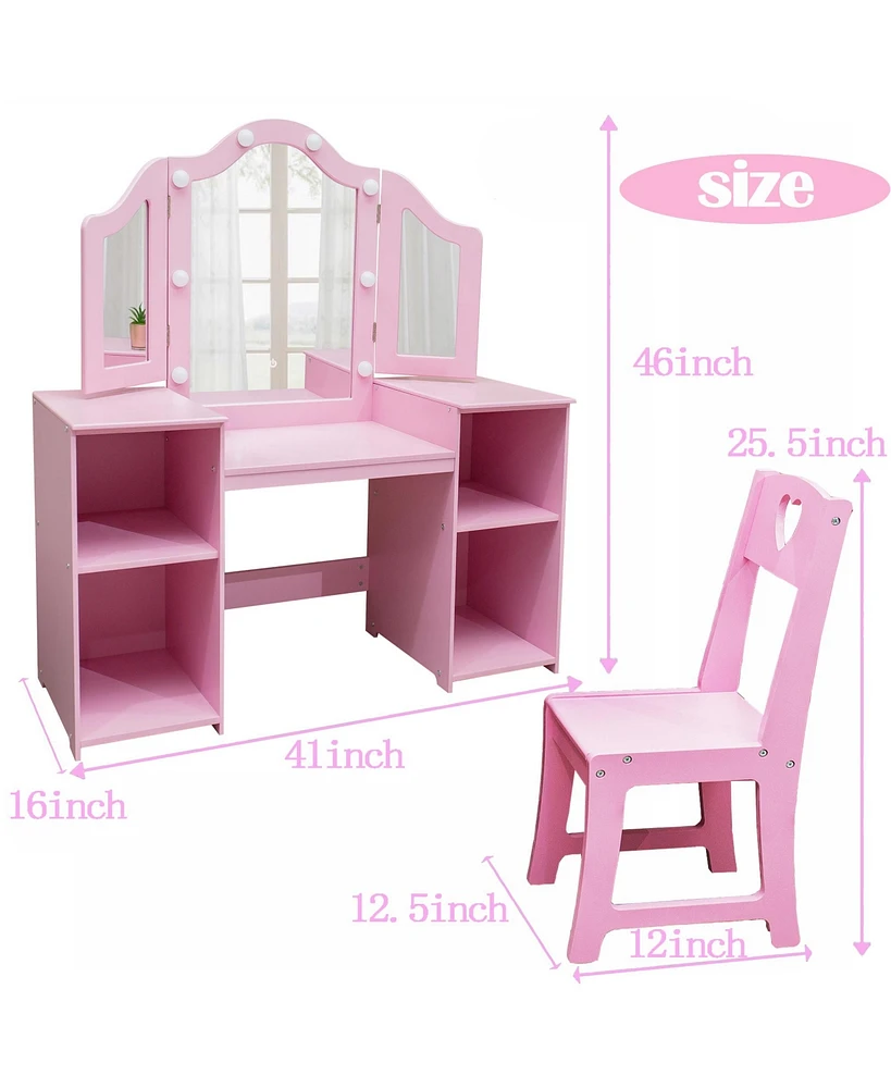 gaomon Kids Vanity Set, 2-in-1 Princess Makeup Table with Tri-Folding Mirror, Stool, Touch Lights, Toddler Vanity, Pretend Play Set for Kids, P